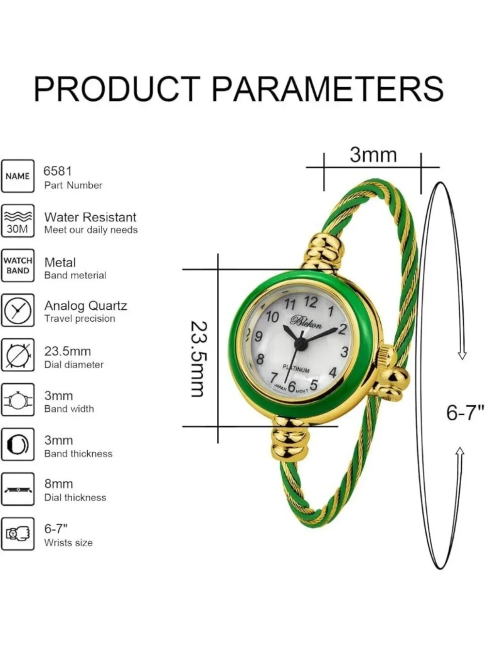 Women's Gold And Green Analog Elegant Cable Cuff Arabic Numbers Bracelet Watch